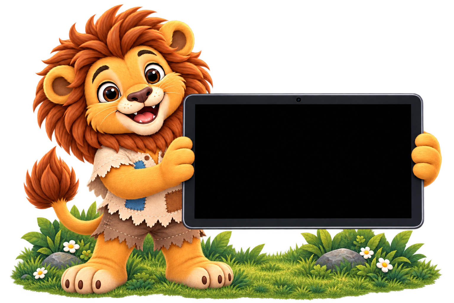 Stanley the Grateful Lion holding a tablet above a grassy storybook meadow